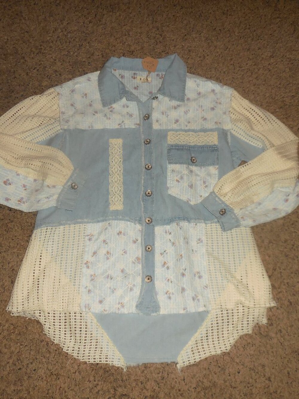 NWT POL Denim Lace Crochet Button Down Top S M L